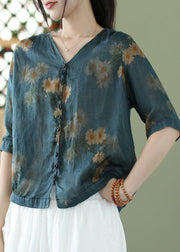 Beautiful Blue V Neck Button Print Cotton Shirt Summer