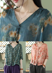 Beautiful Blue V Neck Button Print Cotton Shirt Summer