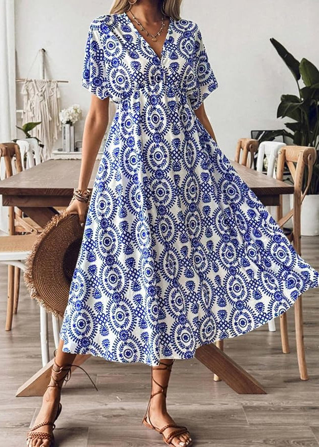 Beautiful Blue V Neck Print Cotton Vacation Dresses Summer