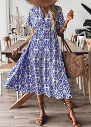 Beautiful Blue V Neck Print Cotton Vacation Dresses Summer