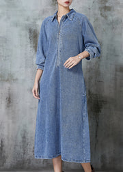 Beautiful Blue Zip Up Denim Maxi Dresses Spring