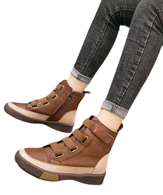 Beautiful Brown Lace Up Platform Boots Splicing Cowhide Leather Ankle boots