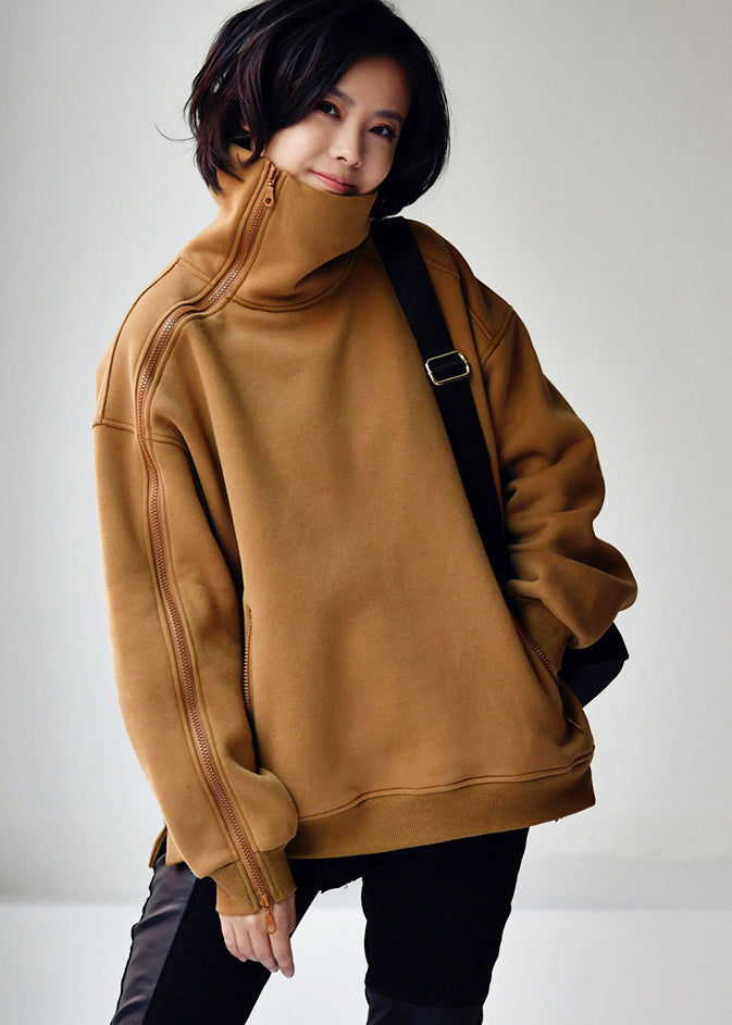 Beautiful Camel Colour Turtleneck Zippered Warm Fleece Thick Sweatshirt Winter