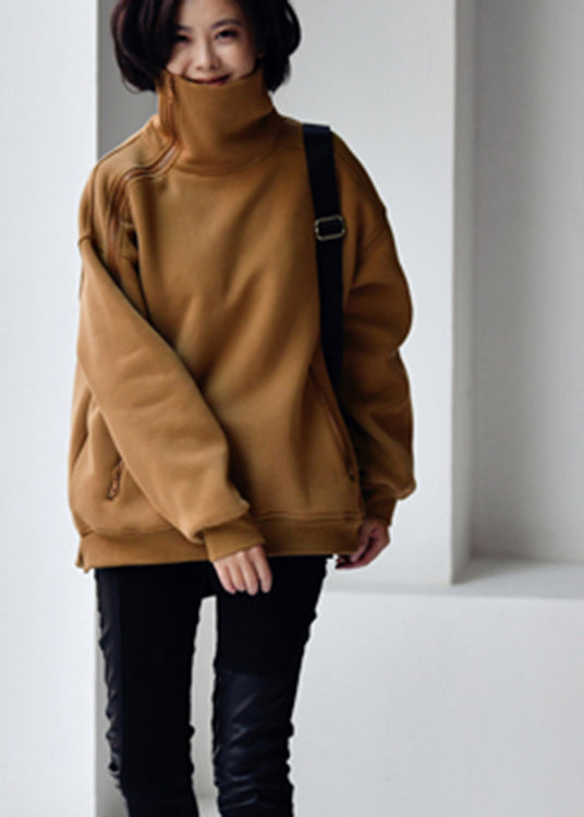 Beautiful Camel Colour Turtleneck Zippered Warm Fleece Thick Sweatshirt Winter