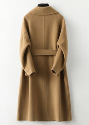 Beautiful Camel Square Collar Tie Waist Woolen Long Coats Fall