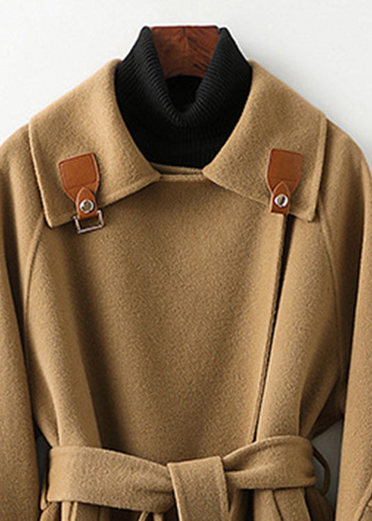 Beautiful Camel Square Collar Tie Waist Woolen Long Coats Fall