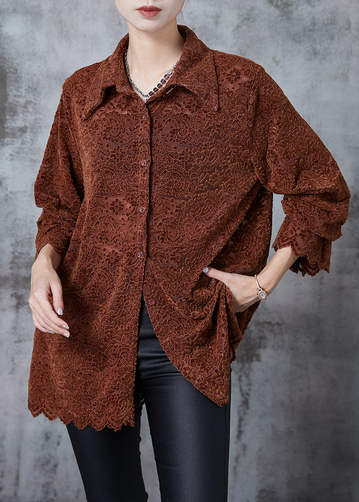 Beautiful Caramel Embroidered Lace Shirt Tops Spring