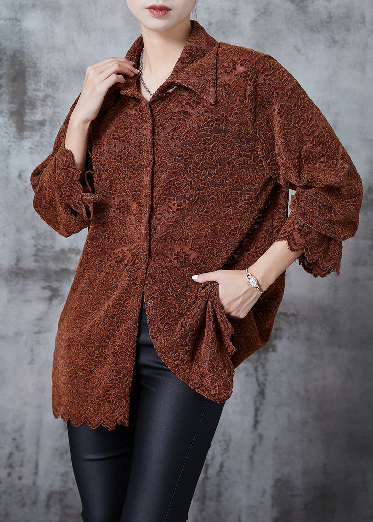 Beautiful Caramel Embroidered Lace Shirt Tops Spring