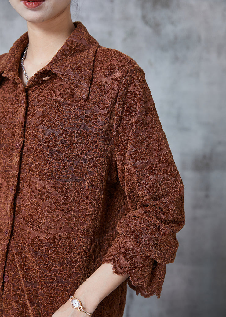 Beautiful Caramel Embroidered Lace Shirt Tops Spring