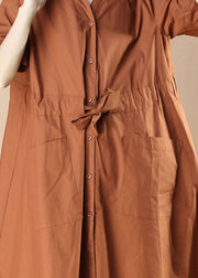 Beautiful Caramel V Neck Pockets Patchwork Cotton Dress Summer