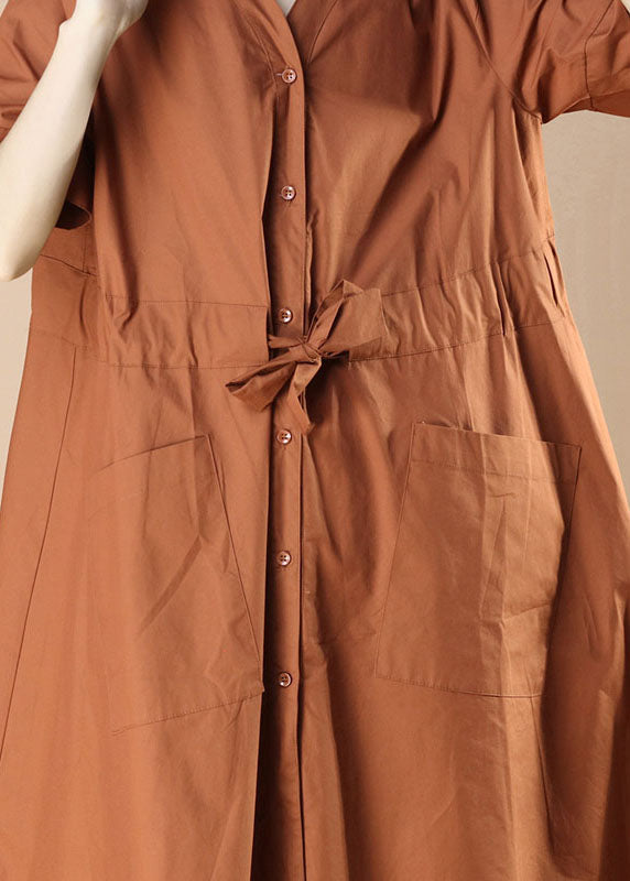 Beautiful Caramel V Neck Pockets Patchwork Cotton Dress Summer