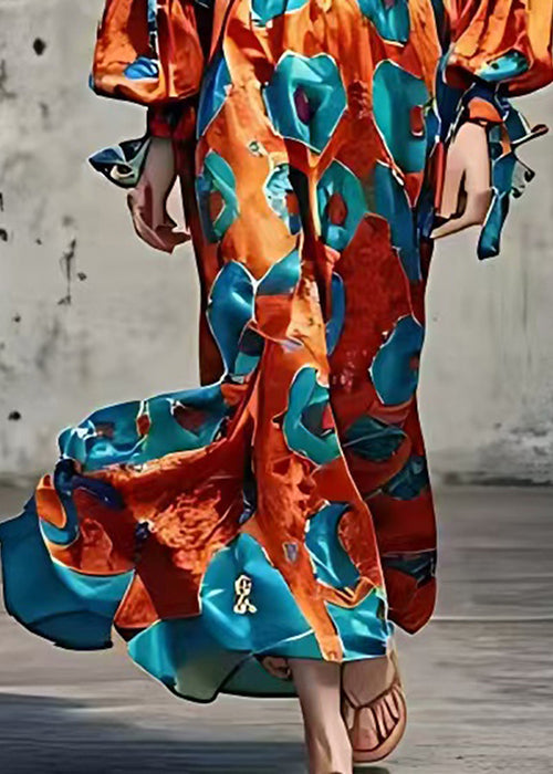 Beautiful Caramel V Neck Print Silk Holiday Dresses Spring