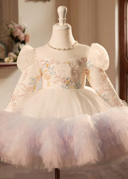 Beautiful Champagne Square Collar Sequins Tulle Girls Maxi Dresses Puff Sleeve