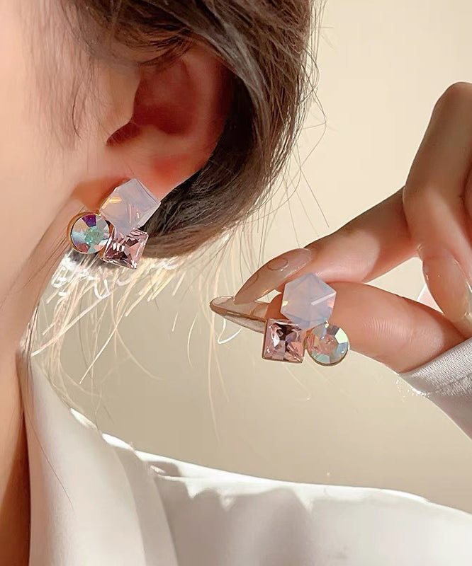 Beautiful Champagne Sterling Silver Overgild Asymmetric Crystal Resin Stud Earrings