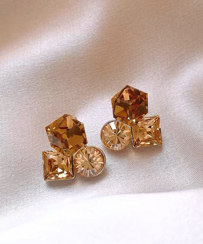 Beautiful Champagne Sterling Silver Overgild Asymmetric Crystal Resin Stud Earrings