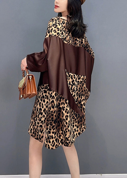 Beautiful Chocolate O-Neck Leopard Print Maxi Dresses Spring