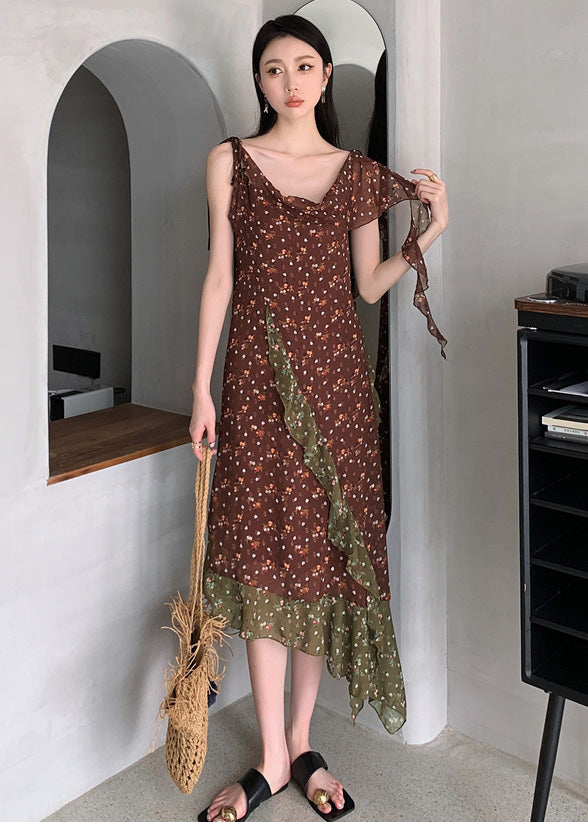 Beautiful Chocolate Ruffled Patchwork Print Chiffon Long Dresses Sleeveless