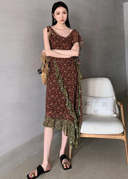 Beautiful Chocolate Ruffled Patchwork Print Chiffon Long Dresses Sleeveless