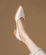 Beautiful Chunky Heel Beige Cowhide Leather Pointed Toe