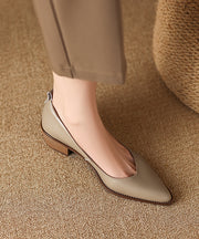 Beautiful Chunky Heel Beige Cowhide Leather Pointed Toe