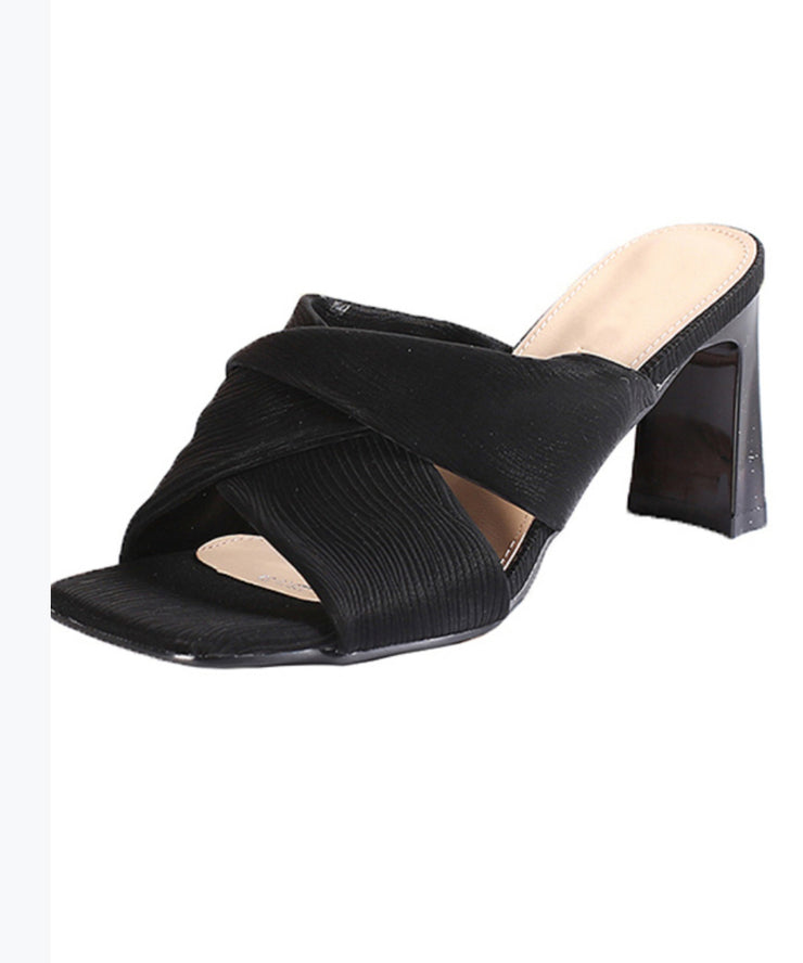 Beautiful Chunky Heel Black Slide Sandals Peep Toe