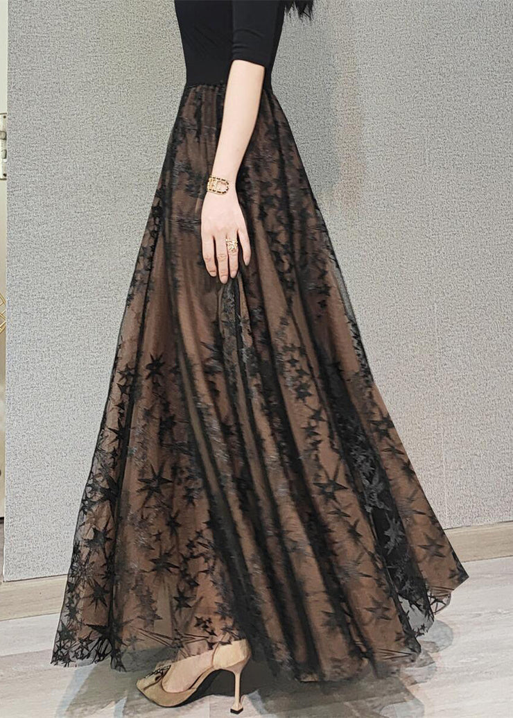 Beautiful Chocolate Embroideried Floral High Waist Flatering Tulle Maxi Skirt Spring