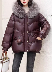 Beautiful Coffee Fox Collar Zippered Duck Down Jackets Long Sleeve