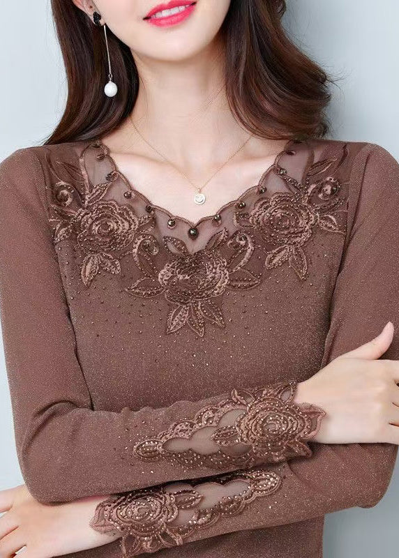 Beautiful Coffee O Neck Patchwork Tulle Blouse Tops Spring