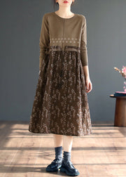 Beautiful Coffee O Neck Print Patchwork Knitting Dress Fall