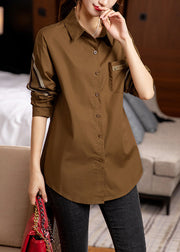 Beautiful Coffee Peter Pan Collar Button Patchwork Cotton Shirt Fall