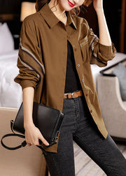 Beautiful Coffee Peter Pan Collar Button Patchwork Cotton Shirt Fall