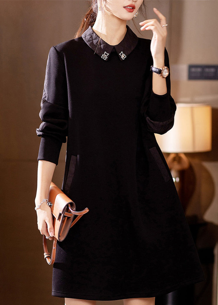 Beautiful Coffee Peter Pan Collar Pockets Cotton Mid Dress Fall