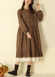 Beautiful Coffee Ruffled Print Cotton Long Dresses Spring