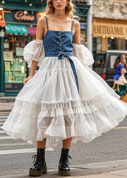 Beautiful Cold Shoulder Patchwork Denim Tulle Maxi Dresses Puff Sleeve