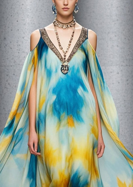 Beautiful Cold Shoulder Tie Dye Chiffon Beach Dress Summer