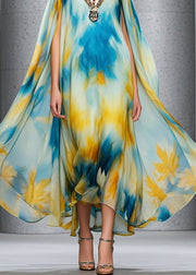 Beautiful Cold Shoulder Tie Dye Chiffon Beach Dress Summer