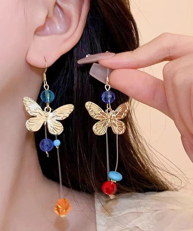 Beautiful Colorblock Alloy Butterfly Beading Tassel Drop Earrings