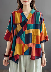 Beautiful Colorblock Asymmetrical Patchwork Applique Linen Top Summer