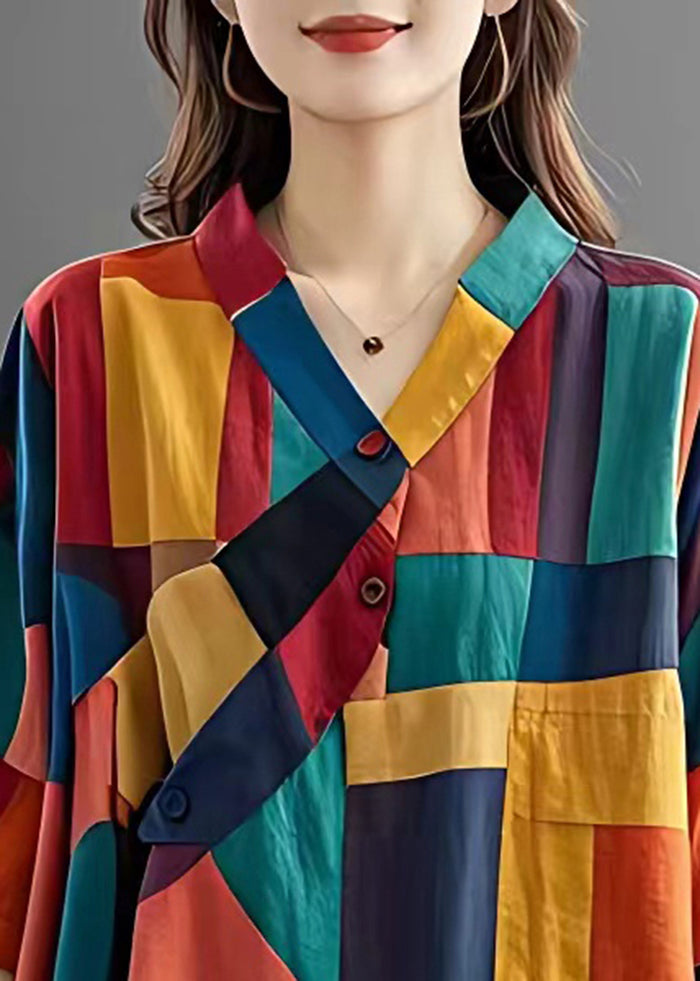 Beautiful Colorblock Asymmetrical Patchwork Applique Linen Top Summer