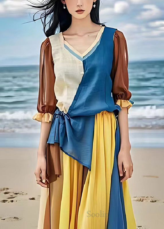 Beautiful Colorblock Asymmetrical Patchwork Linen Cinched Dress Summer