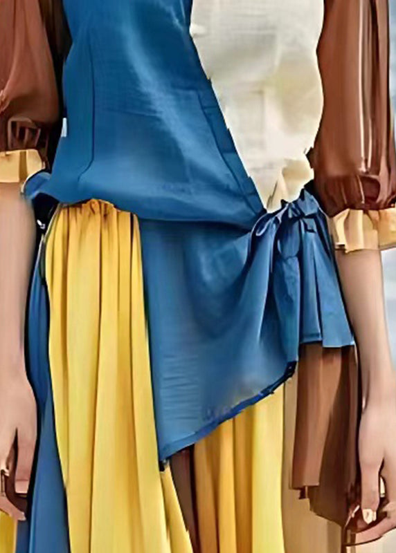 Beautiful Colorblock Asymmetrical Patchwork Linen Cinched Dress Summer