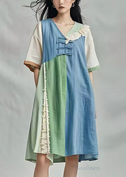 Beautiful Colorblock Chinese Button Patchwork Cotton Maxi Dresses Summer