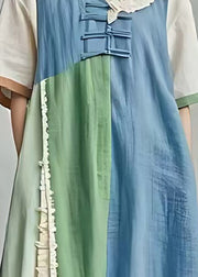 Beautiful Colorblock Chinese Button Patchwork Cotton Maxi Dresses Summer