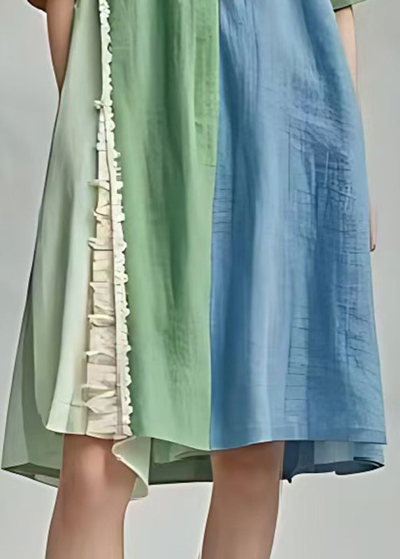 Beautiful Colorblock Chinese Button Patchwork Cotton Maxi Dresses Summer