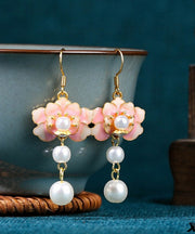 Beautiful Colorblock Copper Overgild Acrylic Pearl Floral Drop Earrings