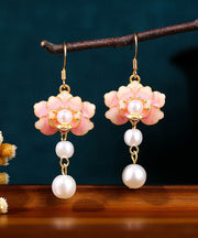 Beautiful Colorblock Copper Overgild Acrylic Pearl Floral Drop Earrings