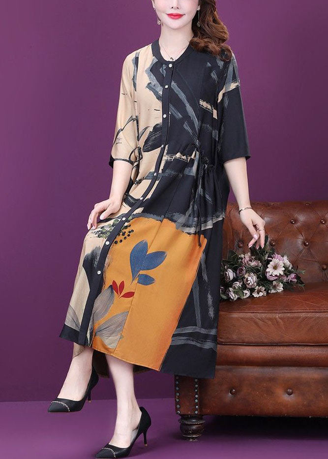 Beautiful Colorblock Drawstring Side Open Print Silk Dresses Summer