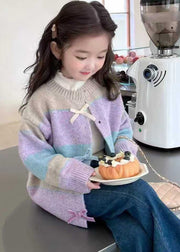 Beautiful Colorblock O-Neck Button Cotton Knit Girls Cardigan Spring