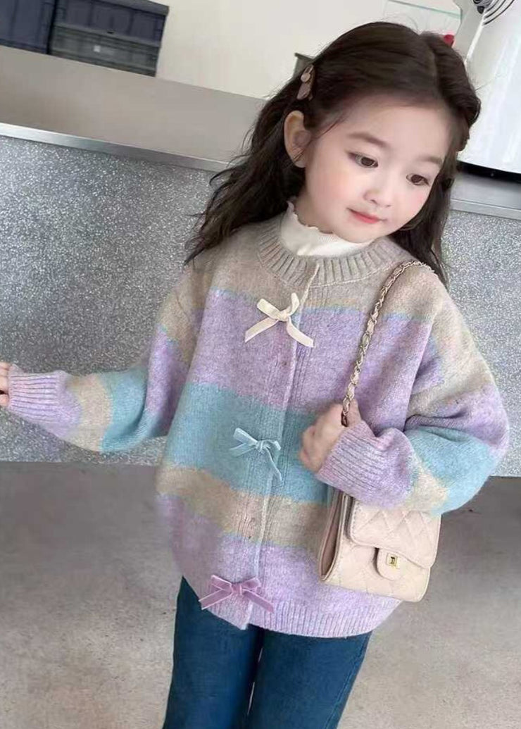 Beautiful Colorblock O-Neck Button Cotton Knit Girls Cardigan Spring