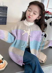 Beautiful Colorblock O-Neck Button Cotton Knit Girls Cardigan Winter